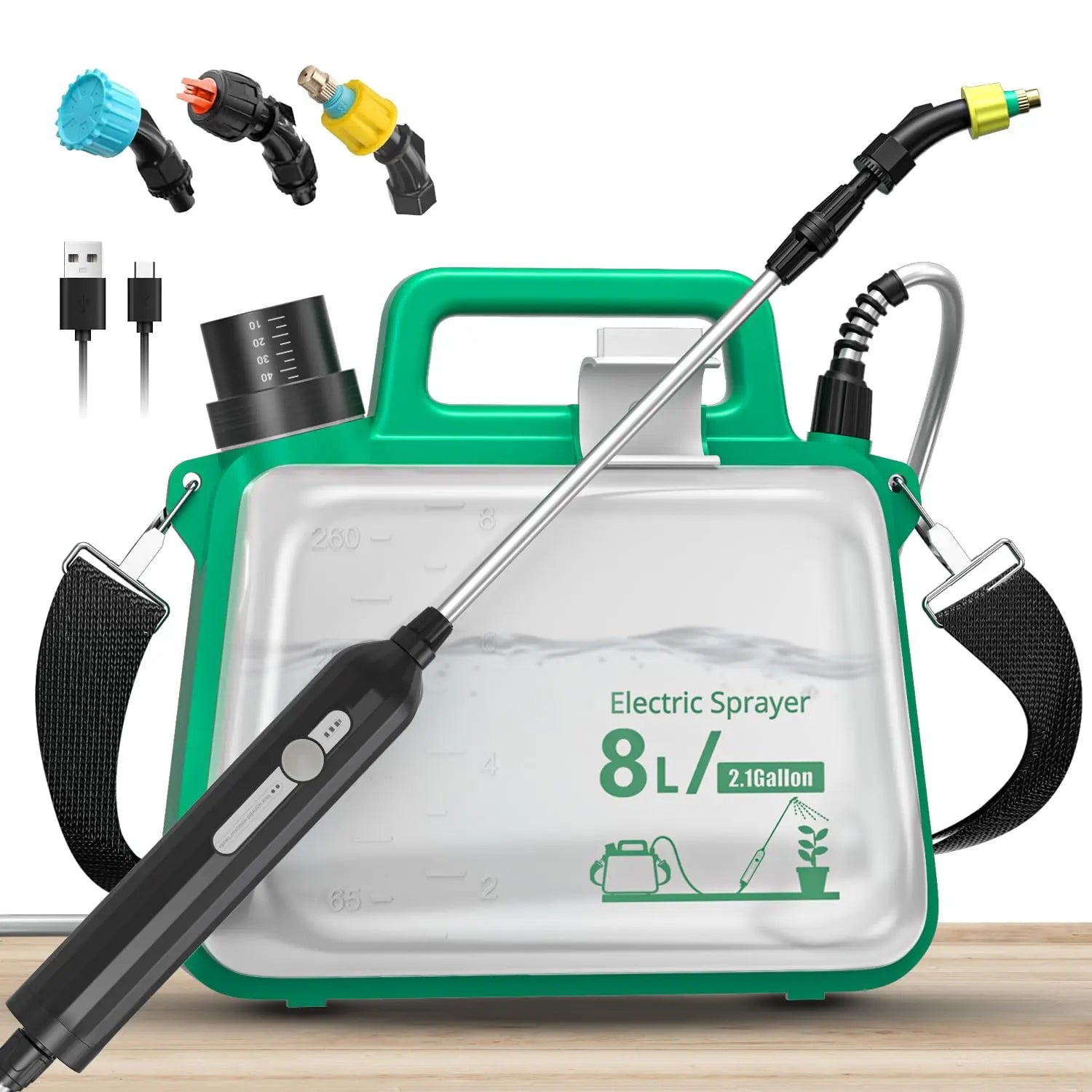 2 Gallon Electric Garden Sprayer Telescopic Wand 3 Nozzles USB Rechargeable 2500mAh Jumpsub